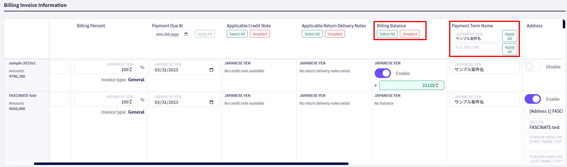 Billing balances and Payment Terms can now be set in bulk when creating Billing invoices