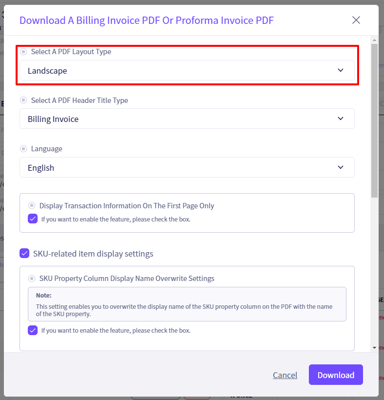 PDFs of invoices and delivery slips can now be downloaded in portrait orientation