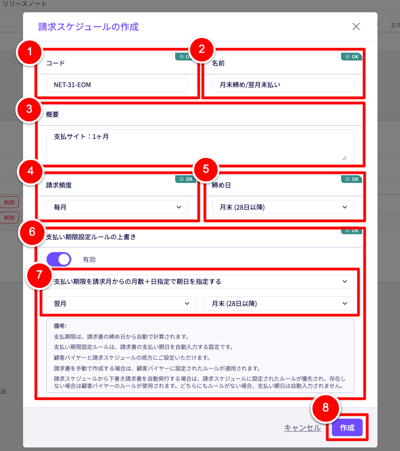 請求スケジュールの作成のモーダル画面。手順1-8の説明用