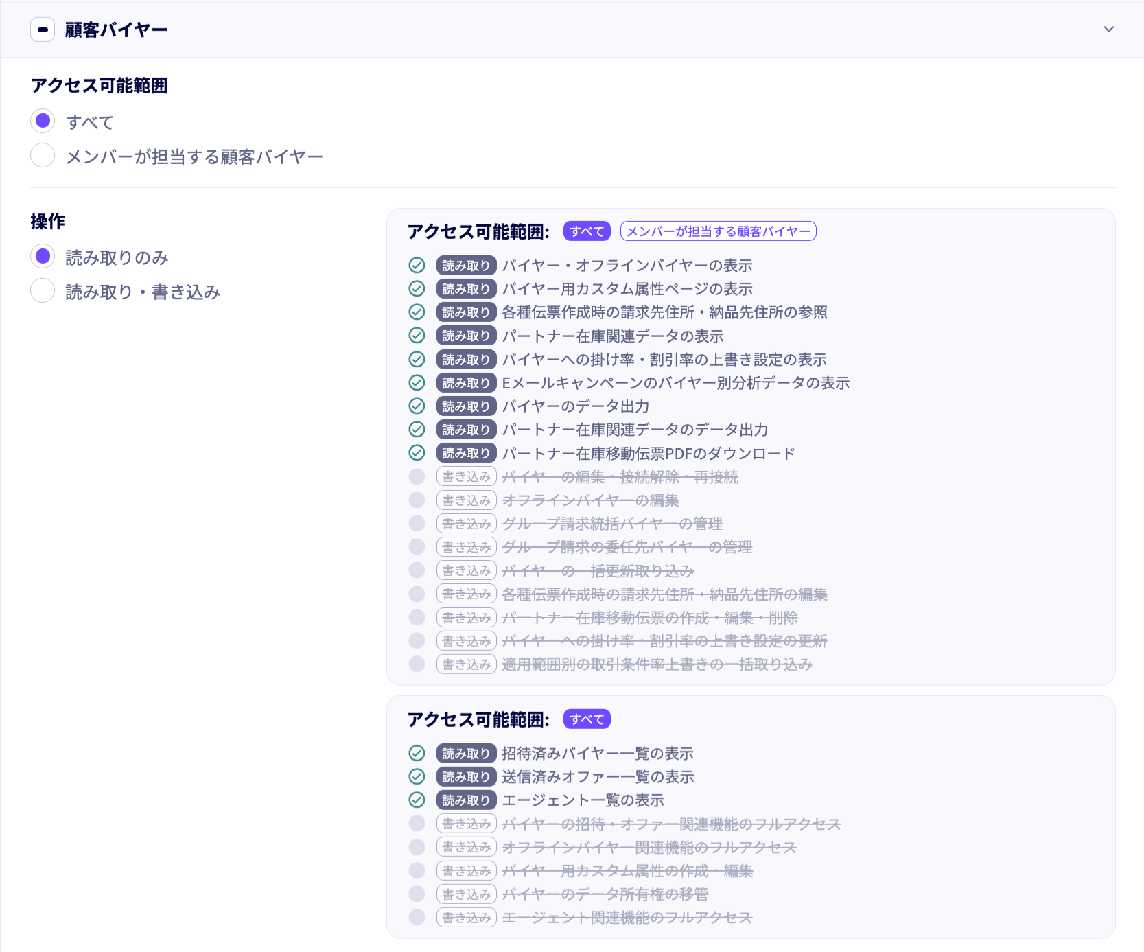 顧客バイヤーの権限詳細。範囲・操作の例,すべて/読み取りのみ