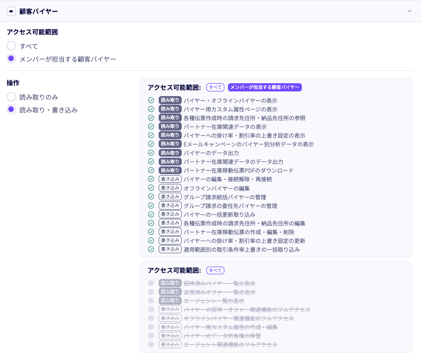 顧客バイヤーの権限詳細。範囲・操作の例,メンバーが担当する顧客バイヤーのみ/読み取り・書き込み